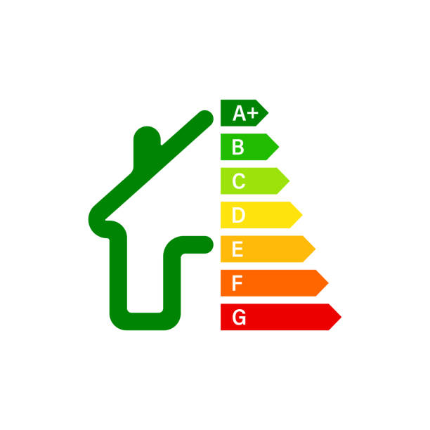 Icono de eficiencia energética con una casa y una escala de colores de la A+ a la G.